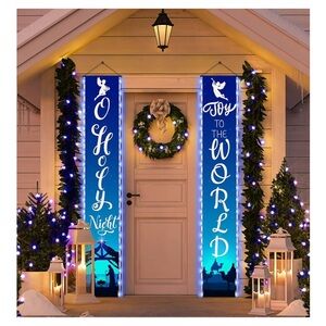 Holy Night Christmas Nativity Porch Sign, 2 - 12 x 71 inch,Religious Blue Jesus